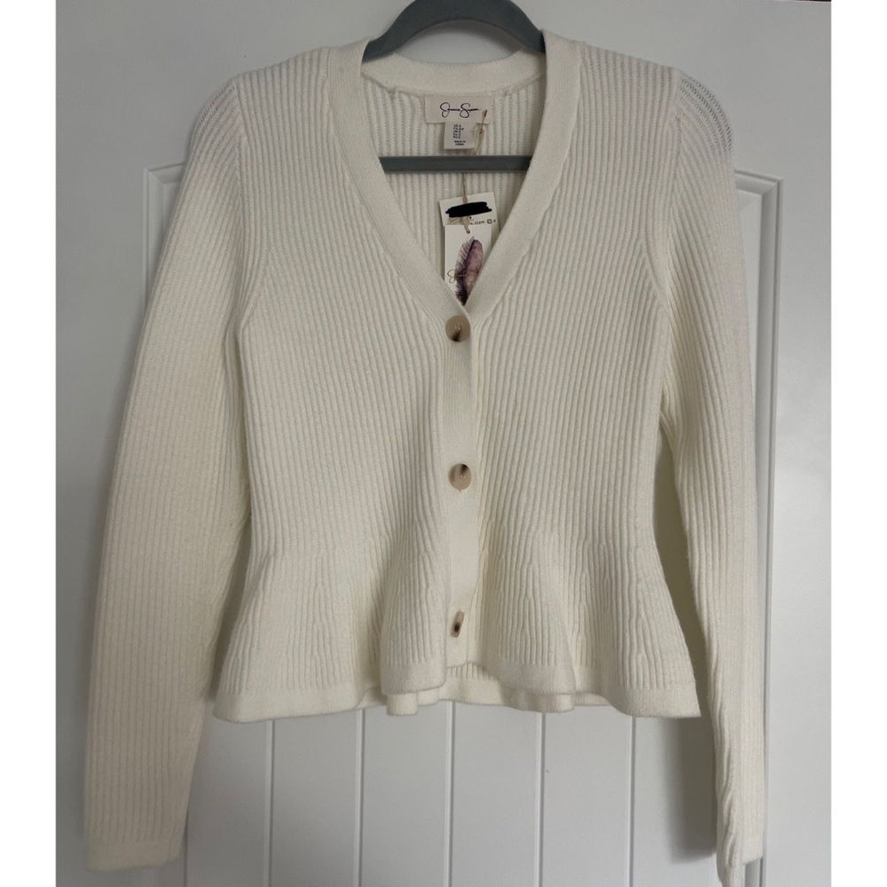 Jessica Simpson Cream Off-White Ribbed V-Neck Button Down Cardigan, Size S